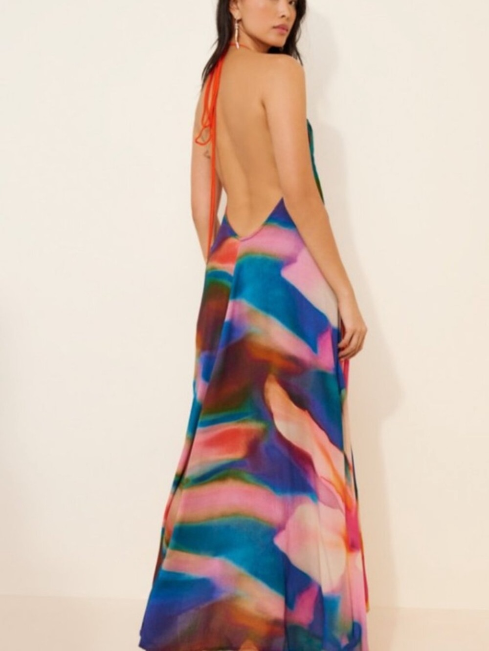 Free People Catalina Halter Maxi Dress Backless Rainbow Tie Dye Boho XL - Picture 2 of 7